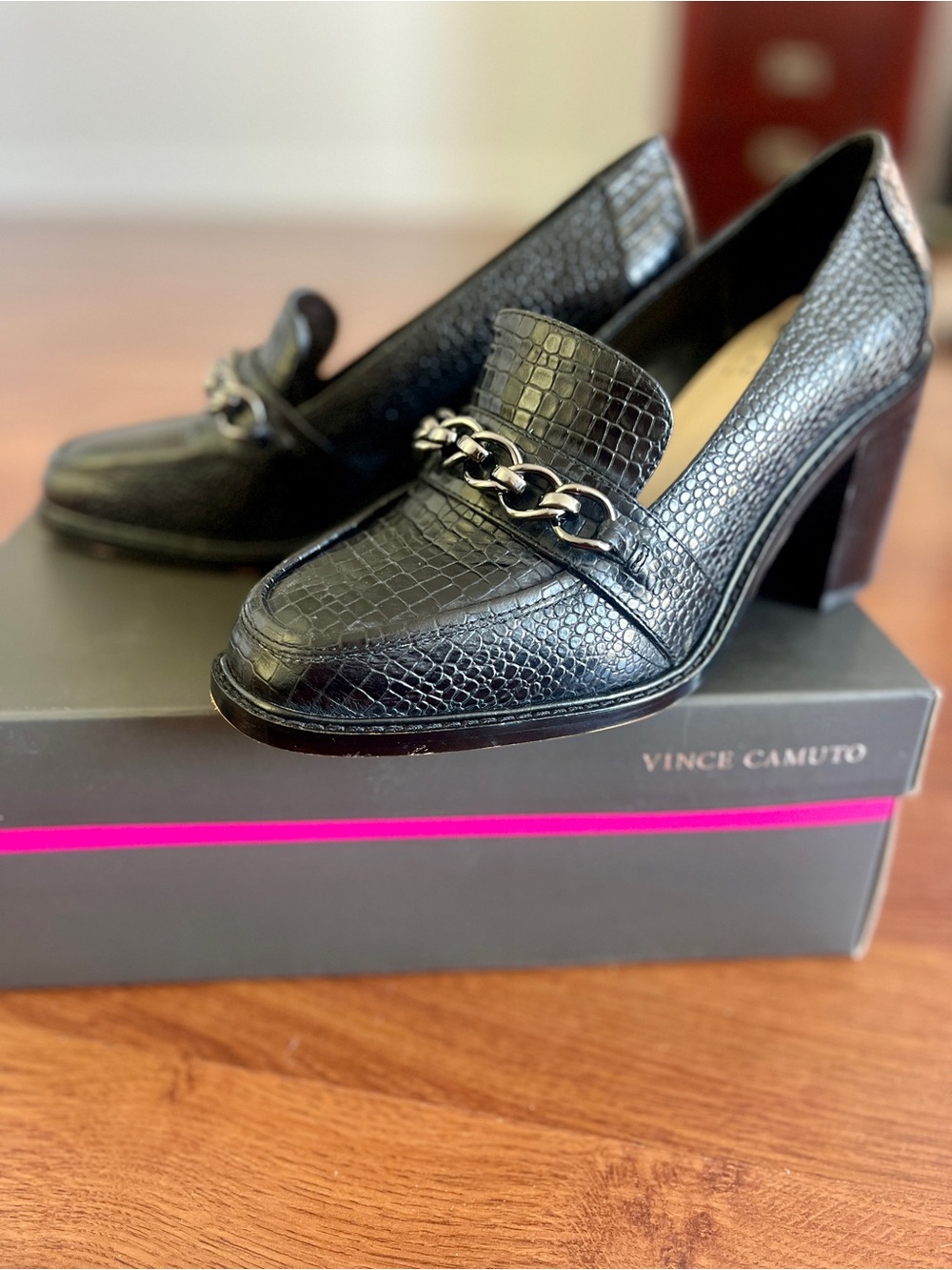 Vince Camuto Black Croc-Embossed Chain-Trim Block Heel Loafers